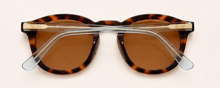 Wink & Nod Amalfi Sun Readers in Havana with translucent blue temples, brown lenses — interior view