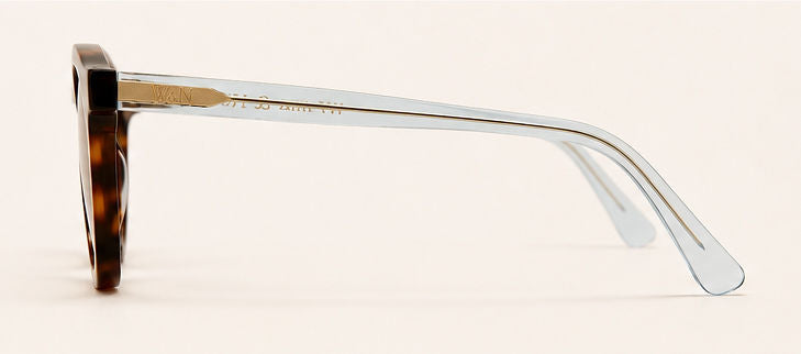 Wink & Nod Amalfi sunglasses in Havana with translucent blue temples, brown lenses — left side profile