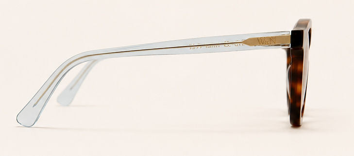 Wink & Nod Amalfi sunglasses in Havana with translucent blue temples, brown lenses — right side profile