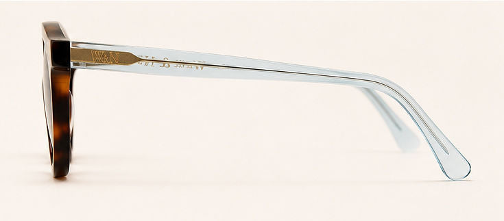 Wink & Nod Amalfi sunglasses in Havana with translucent blue temples, gray lenses — left side profile
