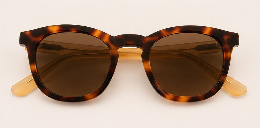 Wink & Nod Positano Sun Readers in Havana with frosted amber temples, brown lenses — interior view