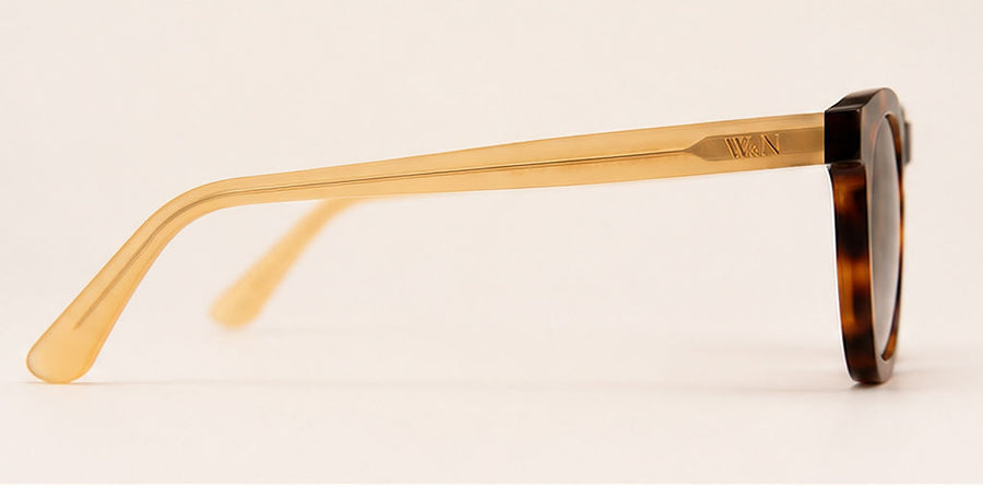 Wink & Nod Positano sunglasses in Havana with frosted amber temples, brown lenses — right side profile