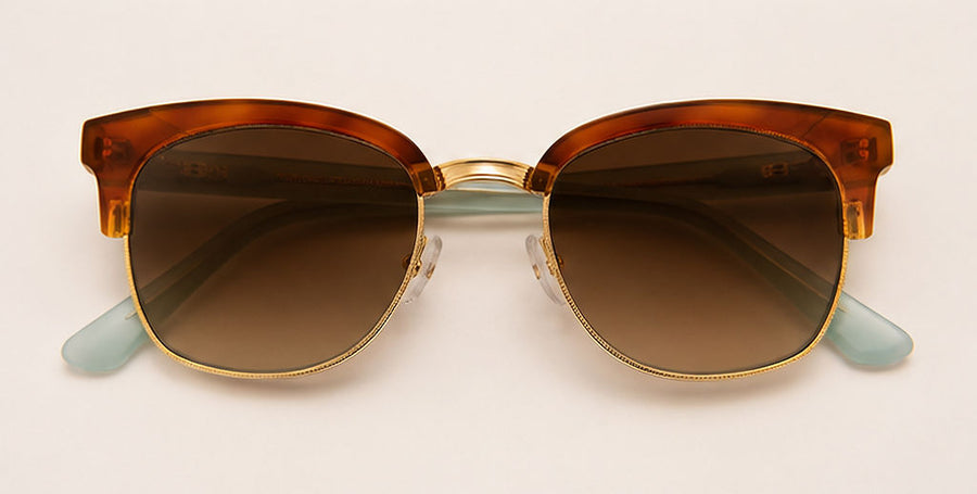 Wink & Nod Ravello sunglasses in Havana with frosted sea glass temples, brown lenses — interior view