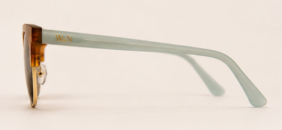 Wink & Nod Ravello sunglasses in Havana with frosted sea glass temples, brown lenses — left side profile