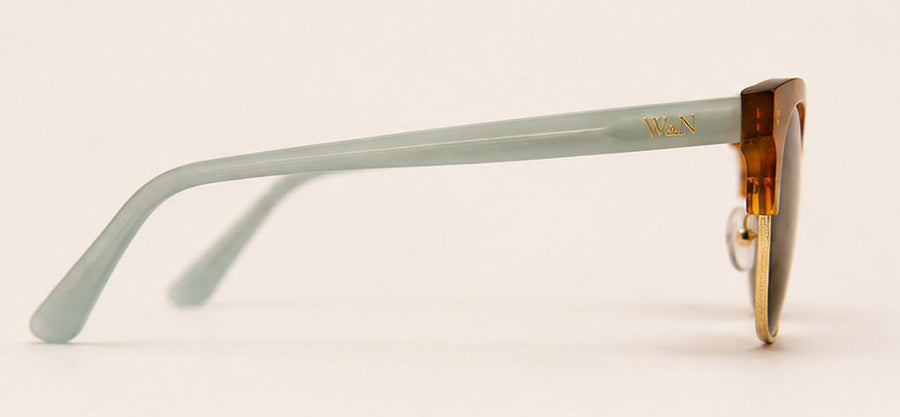 Wink & Nod Ravello Sun Readers in Havana with frosted sea glass temples, brown lenses — right side profile