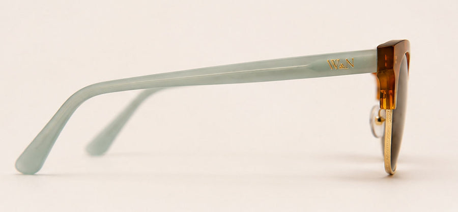 Wink & Nod Ravello sunglasses in Havana with frosted sea glass temples, brown lenses — right side profile