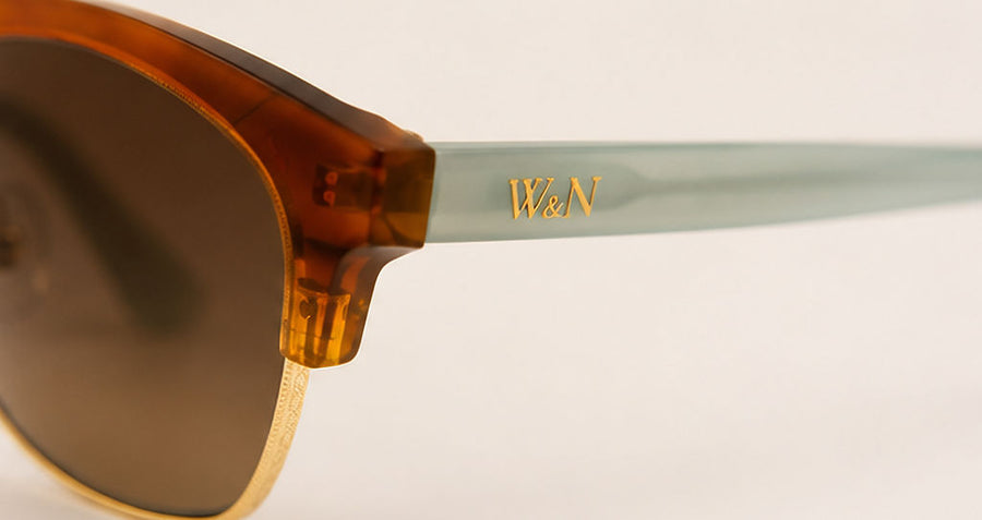 Wink & Nod Ravello sunglasses in Havana with frosted sea glass temples, brown lenses — temple detail with gold W&N logo
