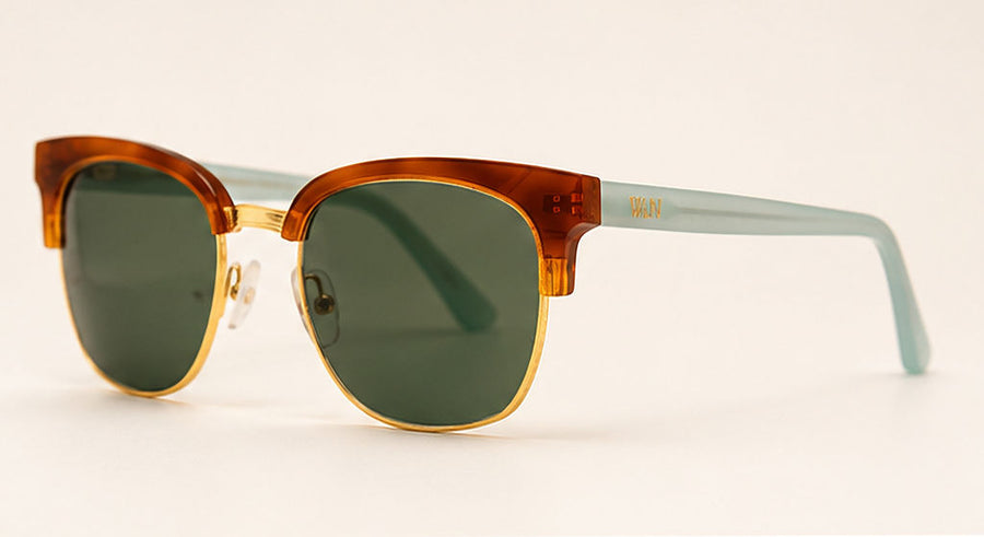Wink & Nod Ravello sunglasses in Havana with frosted sea glass temples, gray lenses — three-quarter view