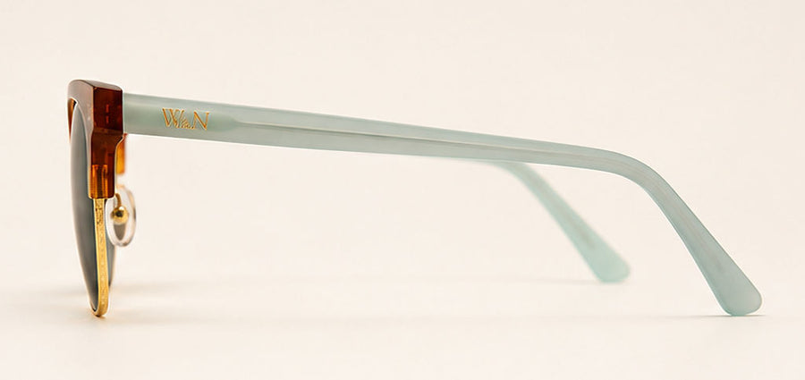 Wink & Nod Ravello sunglasses in Havana with frosted sea glass temples, gray lenses — left side profile