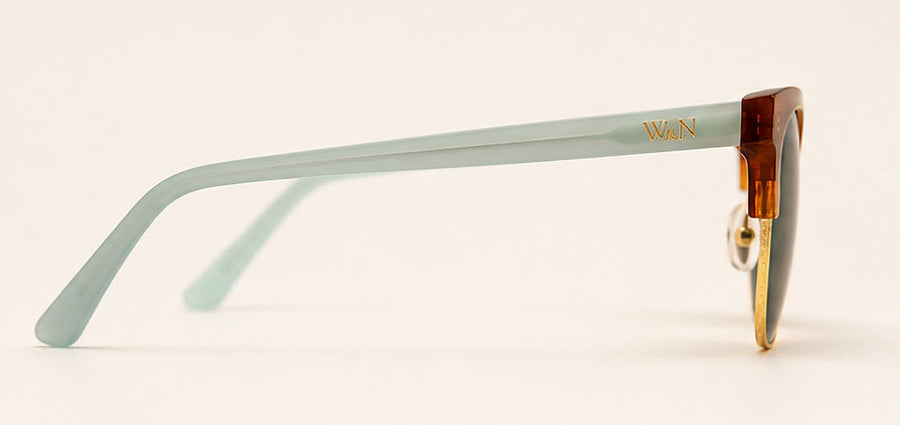 Wink & Nod Ravello sunglasses in Havana with frosted sea glass temples, gray lenses — right side profile