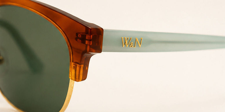 Wink & Nod Ravello Sun Readers in Havana with frosted sea glass temples, gray lenses — temple detail with gold W&N logo