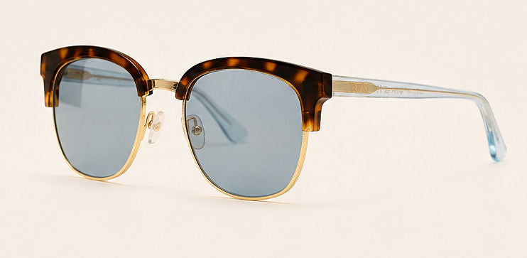 Wink & Nod Sorrento sunglasses in Havana with translucent sea glass temples, gray lenses — three-quarter view