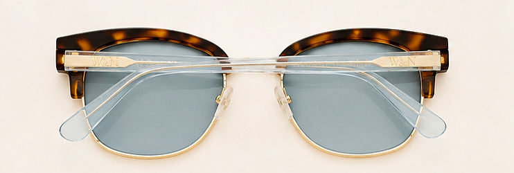 Wink & Nod Sorrento sunglasses in Havana with translucent sea glass temples, gray lenses — three-quarter view